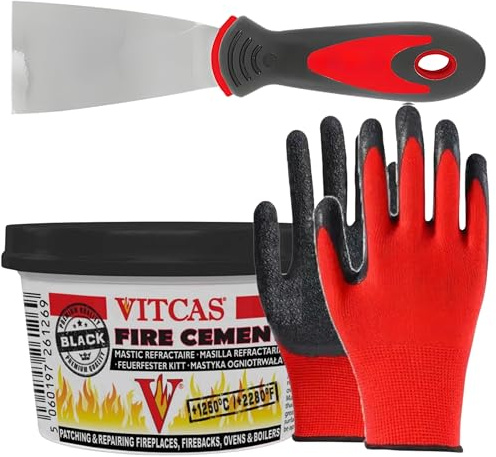 Fire Cement Black Repair Bundle with 2 Scraper Tool & Safety Gloves | High Temperature Ready Mixed Compound for Fireplaces, Stoves & Boilers | Fire Cement for Wood Burning Stove