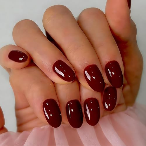 SXVME Soft Gel Press On Nails Short, 32 Pcs 16 Sizes Sheer Plum Red Short False Nails Press ons Oval, Reusable Artificial Nails, Natural Burgundy Almond Stick On Nail for Women Daily