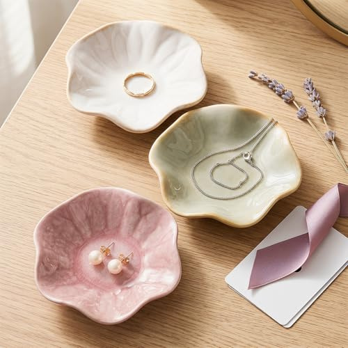 3 Pcs Ceramic Flower Trinket Dish,Decorative Trinket Tray Jewellery Dish | Versatile Functionality, for Storing Earings,Rings,Necklaces(Pink + Green + Milky White)