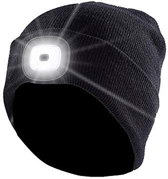 Lunartec Mütze mit Licht: Schwarze Strickmütze mit weißen (vorne) & roten (hinten) LEDs (Mütze mit Licht vorne und hinten, mit integrierter Stirnlampe, Taschenlampen)