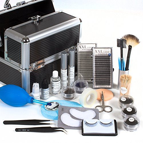 Estuche profesional de extensiones de pestañas XXL Lashes, equipo maleta completo para extensiones de pestañas y estilistas de pestañas con productos con más de 40 piezas, incl. instrucciones, color negro