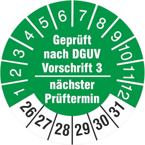 100 Stück nächster Prüftermin - geprüft nach DGUV Vorschrift 3 Prüfetiketten/Prüfplaketten 30 mm rund 2026-31