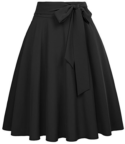 Women's High Waist A-Line Midi Skirt Pleated Pockets Skirts with Belt Black-1 Size XL