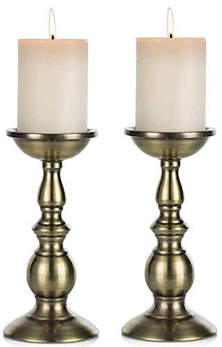 Nuptio Bronze 2 Pcs Iron Pillar Candle Holders, Ideal for 80mm Pillar Candles or Flameless Led Candles, Halloween Christmas Candle Holder Decorations, Gifts for Wedding Party Home Spa Reiki(2 x L)