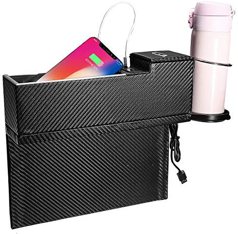 Alamor USB Charger Car Seat Crevice Storage Box Seat Gap Filler Organizer Catcher Box Cup Holder - Carbon