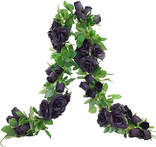 Etistta Künstliche schwarze Rosen-Ranke für Halloween-Dekoration, zum Aufhängen, schwarze Seiden-Blumengirlande für den Außenbereich und Zuhause, 2 Stück