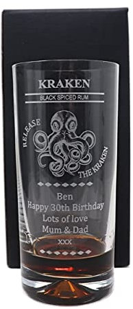 Regalo Personalised Engraved Dimple Highball Glass - Kraken Rum Octopus/Beast/Sea Monster Design Gift for Birthday (Cardboard Gift Box)