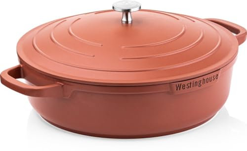 Westinghouse Performance Series Sauteuse peu profonde avec couvercle, 32 cm, fonte d'aluminium légère, compatible avec toutes les cuisinières et le four, couvercles de poignée inclus, orange