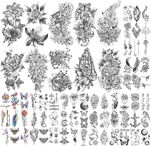 70 Blatt Temporäre Tätowierung Sonnenblume Rose Vogel Halbarm Tattoos für Männer, Realistische temporäre Tattoos Blume Schmetterling Geist, Feder, Engel Fake Tattoo Aufkleber für Frauen oder Kinder