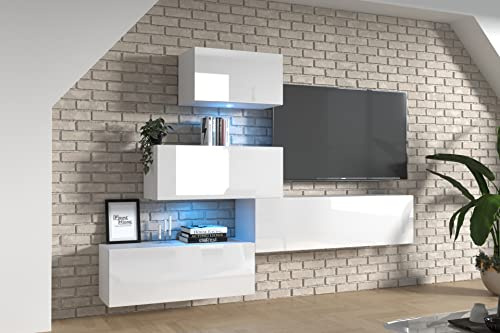 Furnitech Wohnwand Wohnzimmer | Hängend Wohnwand Modern | Wohnzimmer Schrankwand mit Regale und TV Schrank | Wohnzimmer Möbel ohne LED (EX14-21W-HG2)