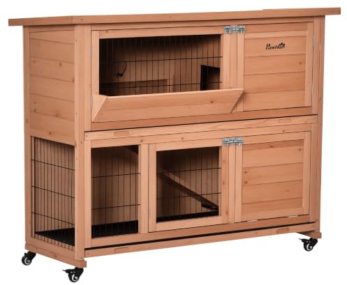 PawHut 2-Schicht-Holzstall mit Rädern, Kaninchen- und Meerschweinchenhaus mit abnehmbarem Tablett und Rampe, Orange, 122x50x101cm