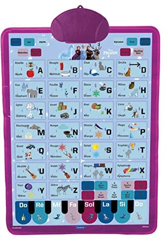 Un poster éducatif parlant bilingue FR/EN, pour apprendre l'alphabet, du vocabulaire et l'orthographe avec La Reine des Neiges