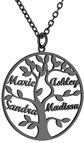 GoldChic Collana Con Nome Personalizzato Ciondolo Albero della Vita Collana Donna Argento 925 Personalizzata con 4 Nomi Collana Famiglia Nera Regalo per Famgia Amica Mamma