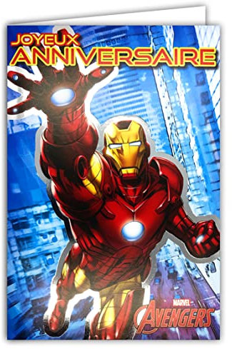 Marvel Avengers Karte Iron Man Happy Birthday, silberfarben, glänzend, mit rotem Umschlag, innen illustriert, Rüstung, Superhelden, fliegend, Tony Stark Comics, amerikanische Film, Jungen, Kinder,