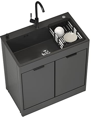 Lavandino da Esterno Nero Lavello Cucina 1 Vasca Mobile da Esterno Lavandino multiuso nero da appoggio con mobiletto Lavello da cucina portatile a vasca singola per ristorante commerciale ( Color : Or