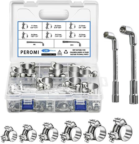 T-bolt Hose Clamps, PEROMI 28pcs 6 Size Heavy Duty Radiator Hose Clamps Assortment Kit-Size Range 17-35mm, 304 Stainless Steel Pipe Tube Clamps
