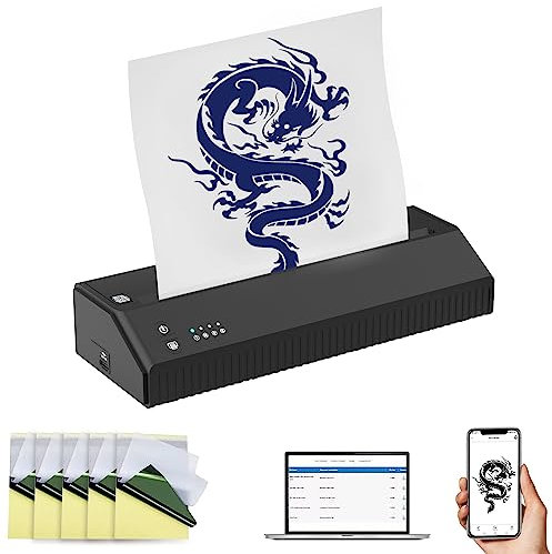 MENAYODA Tattoo Drucker mit 5 Transferpapier,Mini Transfer Maschine Tattoo Kopierer Thermal Stencil Maker,APP-Steuerung Bluetooth A4 Drahtlose Tattoo Transfermaschine Thermodrucker für Tätowierungen