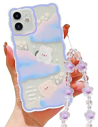HZLFCZL Handykette Kompatibel mit iPhone 11 Hülle mit Kette,Cute Wolken Blumen Bär Muster Design Handy Kette Schutzhülle,Kameraschutz Handyhülle Girls Women Kawaii Soft TPU Transparent-Lila