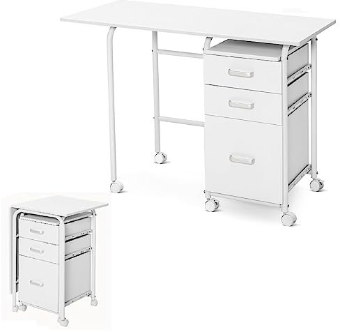 SFAREST Folding Computer Desk, Rolling Laptop Table with Wheels and Drawers, Portable PC Writing Workstation for Home, Office and Study (White, 105 x 50 x 75cm)