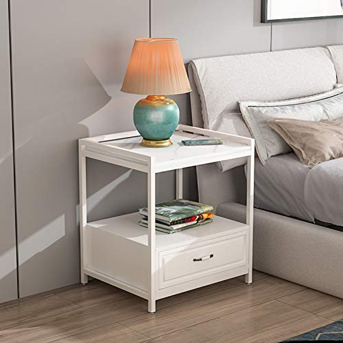 Metall-Beistelltisch mit Schublade, abnehmbarer quadratischer Beistelltisch, Tabletttisch, stabiler Couchtisch mit Metallrahmen, wasserdichter Snack-Tisch für Zuhause, Sofa, Weiß, B, 40 x 40 x 52 cm