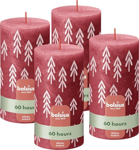 Bolsius Rustikale Stumpenkerzen Silhouette - Rot mit Aufdruck - 4 Stück - 13 x 7 cm - Lange Brenndauer - Haushaltskerze - Enthält Natürliches Pflanzenwachs - Ohne Palmö