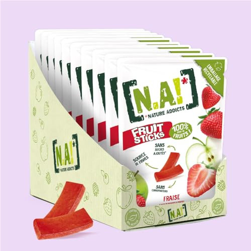 N.A, Nature Addicts - Sachet de Fruit Sticks Fraise 40g - 100 purcent Issu de Fruits - Sans Sucres Ajoutés, Sans Édulcorants ni Conservateurs - Sachet Refermable à Emmener Partout - Lot de 10