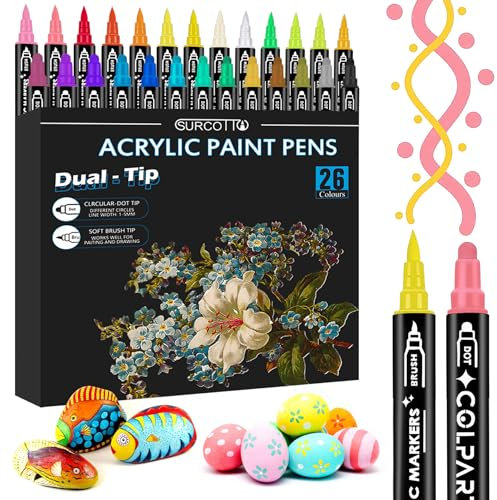 Surcotto Acrylic Paint Pens, Dual Tip Acrylic Paint Markers, Waterproof, Non-Toxic, odorless, Suitable for Paper, Pottery, Stones, Backpacks, Glass, Eggs, Fabrics, Plastics, handicrafts - 26 Colours