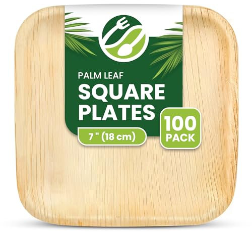 ECO Leaf 100 Pack 7” (18cm) Square Disposable Palm Leaf Plates – Compostable, Eco-Friendly, Biodegradable, Bamboo Plates, Oven Safe, Perfect for Weddings, Parties, Picnics and Dessert Tableware