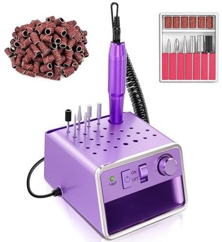 ALLE‘S Electric Nail Drill Kit,USB Powered, Compact & Portable with 28 Storage Holes, 20000 RPM, 6 Nail Drill Bits, 106 Sanding Bands,Ultimate Precision for Nail Art Enthusiasts(Purple)