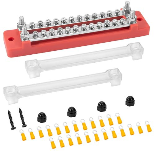 QIMEI-SHOP Blocco di Distribuzione Alimentazione 12V-48V DC Busbar 150A Morsettiera di Alimentazione 2 Vie con 24 x M4 Terminale a Bolts per Auto Camion Barca Rosso