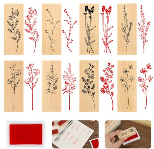 8 Stück Holzstempel zum Basteln, Vintage Stempel Holz mit 2 Farben Tinte und Natürliche Pflanzen Mustern, Stempel Blumen Motivstempel für Heimwerker, Zeitschriften, Tagesplaner, Geschenkverpackungen