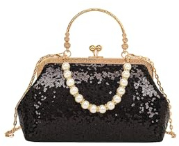 CORIOS Damen Pailletten Abendtasche Handgemachte Perle Clutch Tasche Hochzeit Brautbörse Handtasche Elegante Schultertasche Kette Umhängetasche Glänzend Portemonnaie Tasche Schwarz