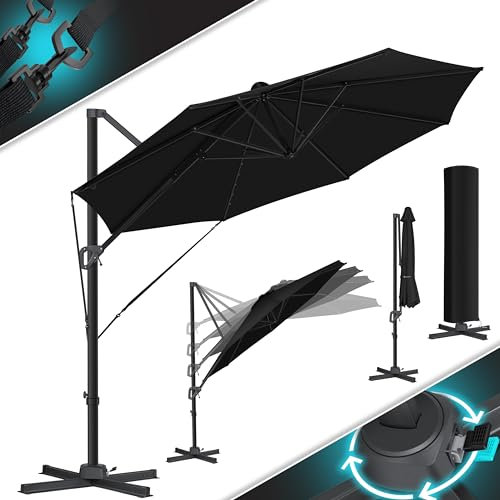 KESSER® Parasol SUN Redondo XL Ø330 cm Sombrilla de Jardín con Cubierta + Seguridad Viento Ajustable 7 Posiciones Giratorio Inclinable Gira 360° Manivela Protección Solar UV50+ Negro