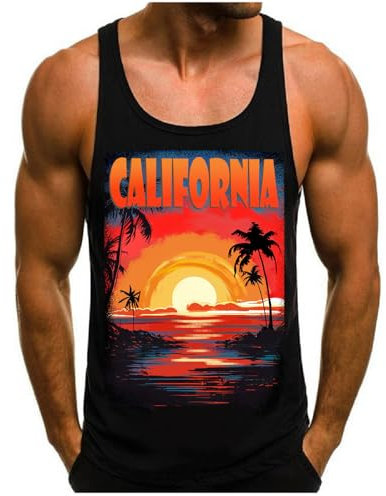 HOTCAT Débardeur pour homme - T-shirt avec imprimé - Sans manches - Débardeur pour homme - Imprimé palmiers - Plage, A1 - Noir., XL