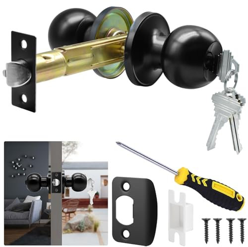 TPard 5 Backset Latch Keyed Entry Door Knob with Lock and Key, Standard Square Interface Entrance Ball Doors Knobset Lockset, Matte Black