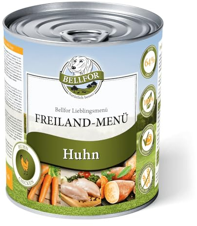 Bellfor Getreidefreies Nassfutter für Hunde mit Huhn Freiland-Menü 800g. Reich an Frischem Regionalen Obst & Gemüse, Frei von Künstlichen Zusätzen, Perfekt für Sensible & Alle Rassen.