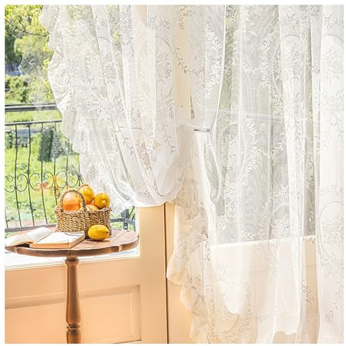 Rokoko-Spitzenvorhang für Schlafzimmer, Wohnzimmer Dekor, Französischer Vintage-Blumenstickerei Gardinen, Transparenter Tüll-Vorhang mit Kräuselband(Size:W150xH150cm/59x59in)