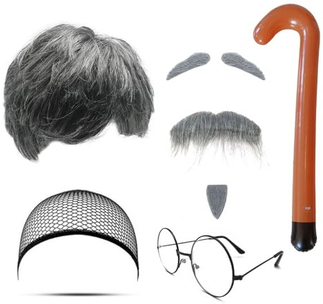 MIVAIUN 8 Stück Opa Kostüm Set Großvater Perücke Alter Mann Perücke Grau Bart Augenbrauen Perücke Mütze Brille Aufblasbarer Spazierstock Rentner Kostüm Herren Perücke Kostüm für Cosplay Party (Set-B)