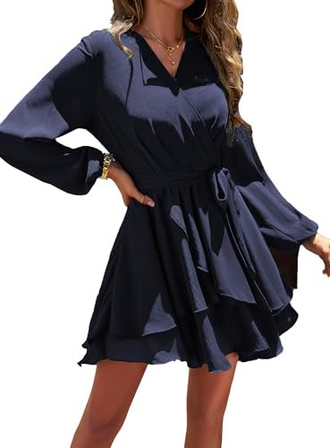 Jiraewh Damen Chiffon Kurz Kleid V-Ausschnitt Langarm Sommerkleid Tunika Kleider Einfarbig Elegant Rüschen Minikleid Casual Swing Skater Partykleid Wickelkleid Hohe Taille mit Gürtel(6019- DB L)