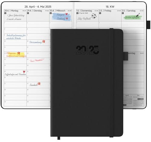 JAYSOO® Terminplaner 2025 Wochenplaner 21x14.5cm Tageplan und Stundenplan, 12 Monate Terminplaner Hardcover (Jan.-Dez.2025) für Arbeit, Lernen und Familienplan - Schwarz