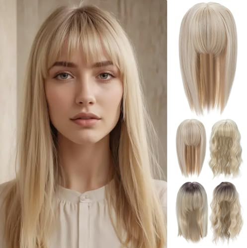 PARXITN Hair Topper für Frauen Synthetische Haarteile 35cm Hair Toupet mit Pony Gerade Wiglets Haarteile für Dünnes Haar Aschblond mischen Bleichblond
