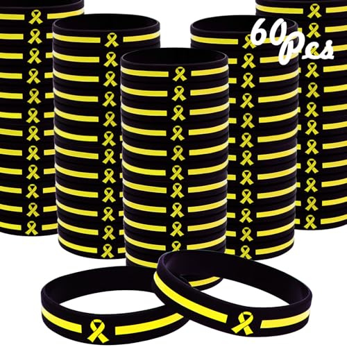 Temogole 60 Stück Unterstützung für Truppen-Armbänder, Großartikel, Zubehör, gelbes Bewusstseinsband, Silikon-Armband, Suizidprävention, Leberkrebsbewusstsein, Unisex-Armbänder für Männer und Frauen