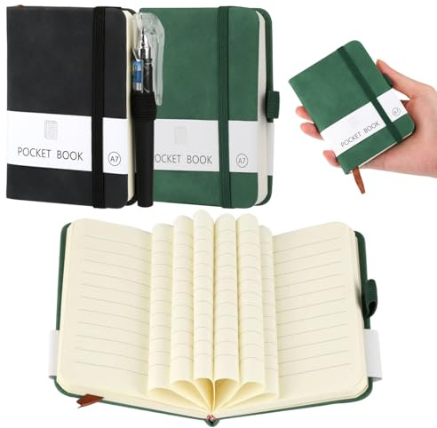 2 Pieces Pocket Notebook A7, Hardcover Small Notebooks Pocket Size with 200 Pages, A7 Notebook with Elastic Closure Band and Pen Holder, Mini Notebook with Pen Small Note Books Pocket Size