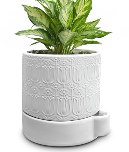 AmiCera Ceramic Plant Pots, Ceramic Outdoor Planters with Drainage Holes, Modern Planters for Indoor Plants, White Flower Pot Relief Design, Decorative Gardening Gift for Plant Lover, 15 cm