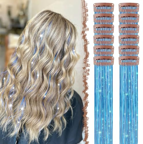FESHFEN Clip in Hair Tinsel - 12 PCs Skyblue Glitter Tinsel Clip Extensions Sparkle Fairy Party Dazzle Hair Accessories for Women 20 Inch