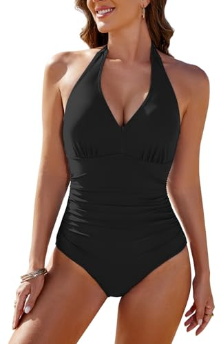 CMTOP Maillot de Bain Une Pièce pour Femme Maillot de Bain 1 Pieces à Col en V Push Up à Froncé Devant Maillots de Bain Contrôle du Ventre Swimsuit Ventre Plat Swimwear avec Rembourré(Noir,L)
