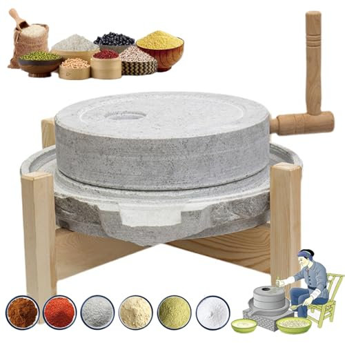 Stone Mill Grinder, Hand Grain Mill Stone Grinder, Wet Dry Cereal Mill for Home Kitchen, Handmade Stone Mill for Grain, Bean, Sesame Seeds, Peppers, Spices, with Wooden Frame, Easy to Clean,25 * 35cm