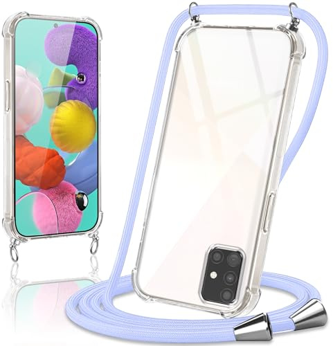 Coiwxmoi Handykette Handyhülle für Samsung Galaxy A51 4G / M40S Hülle mit Band 6.5,Transparent Case mit Kette Abnehmbar zum Umhängen Kordel Schutzhülle,Weich Silikon TPU Stoßfest Cover,Lila