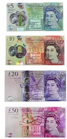 Set of 4 London England Fridge Magnets | Acrylic Foil Design & UK Currency Replica Set – Realistic British Pound Notes | Collectible Souvenir or Display Gift