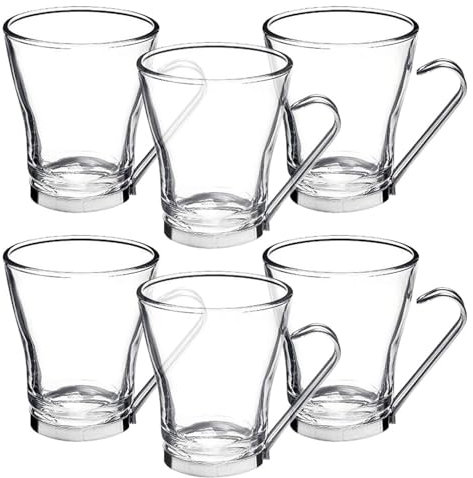 simpa Contemporary Large Glass Coffee Cups with Stainless Steel Handle - 220ml / 7.4oz Capacity - Set of 6 Cups